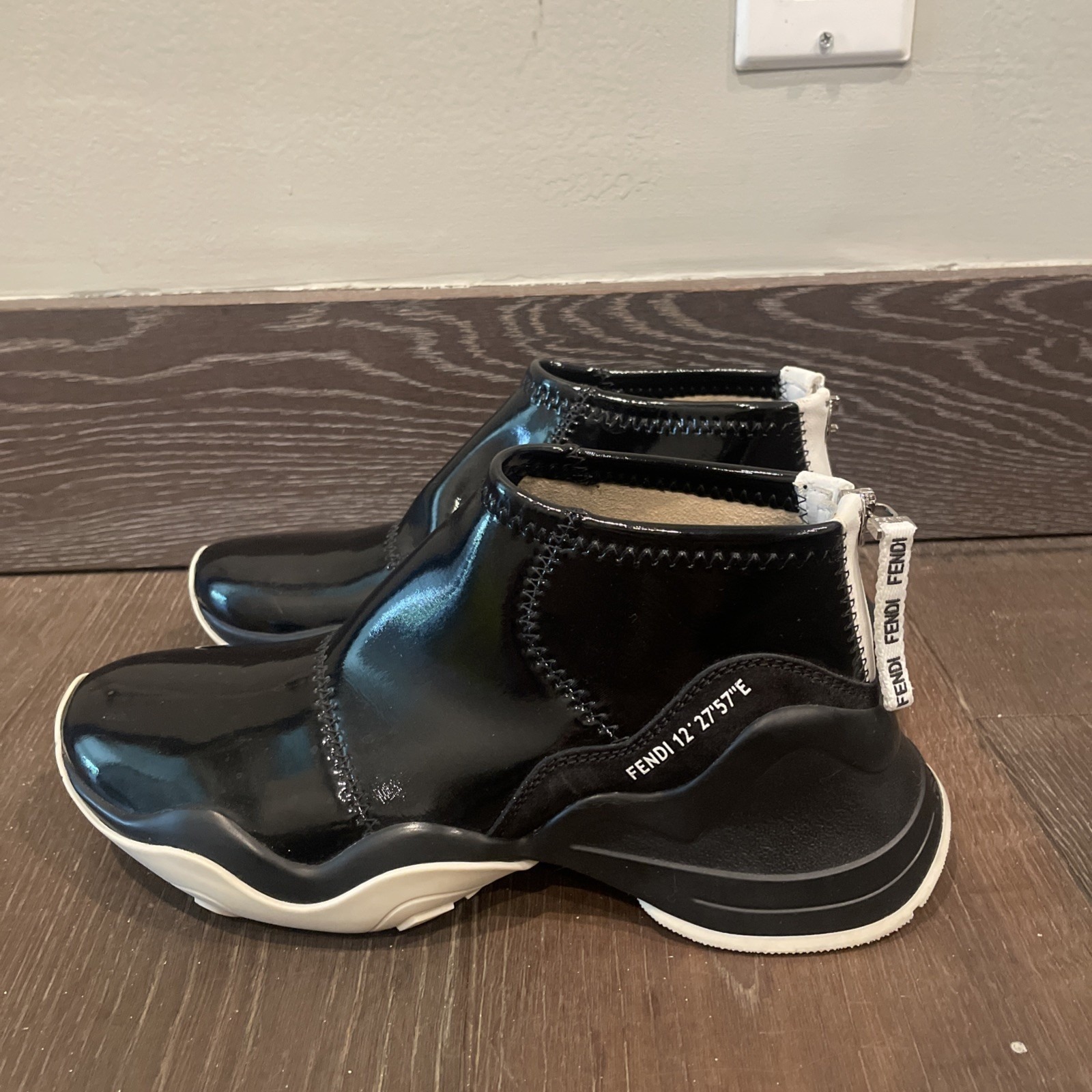 Fendi Black Glossed Neoprene Zip Sneakers Size 37 Patent Leather